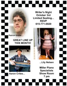 Writer's Night with Patrick Riddle, Lily Nelsen, and Aaron Crites