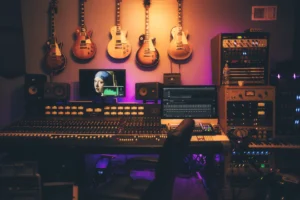 sound room with guitars and equipment