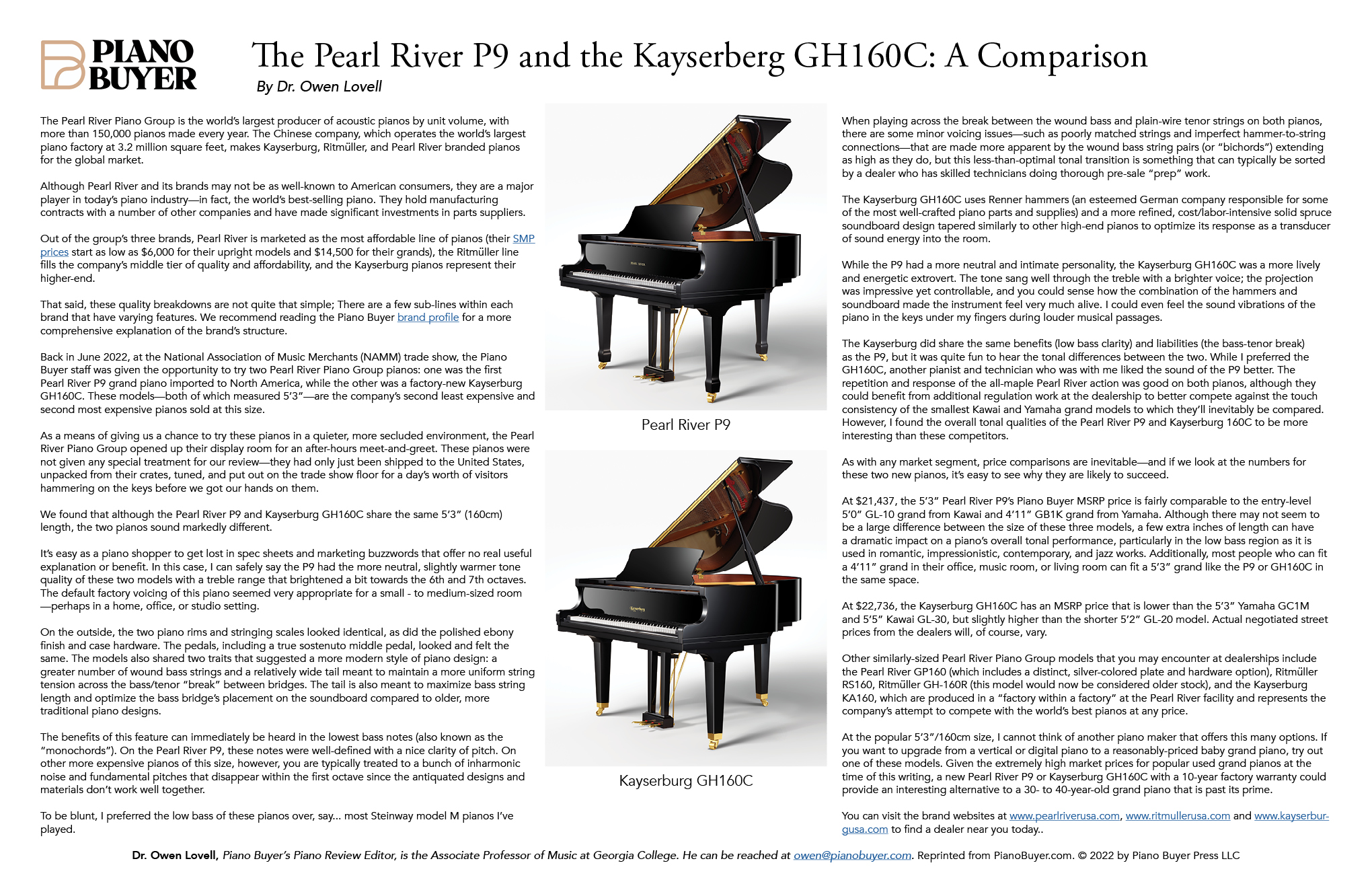 The Pearl River P9 and the Kayserburg GH160C Reviews | Miller Piano ...