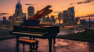 grand piano with nashville skyline in the background