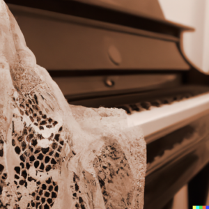 Brown piano with lace drape in sepia