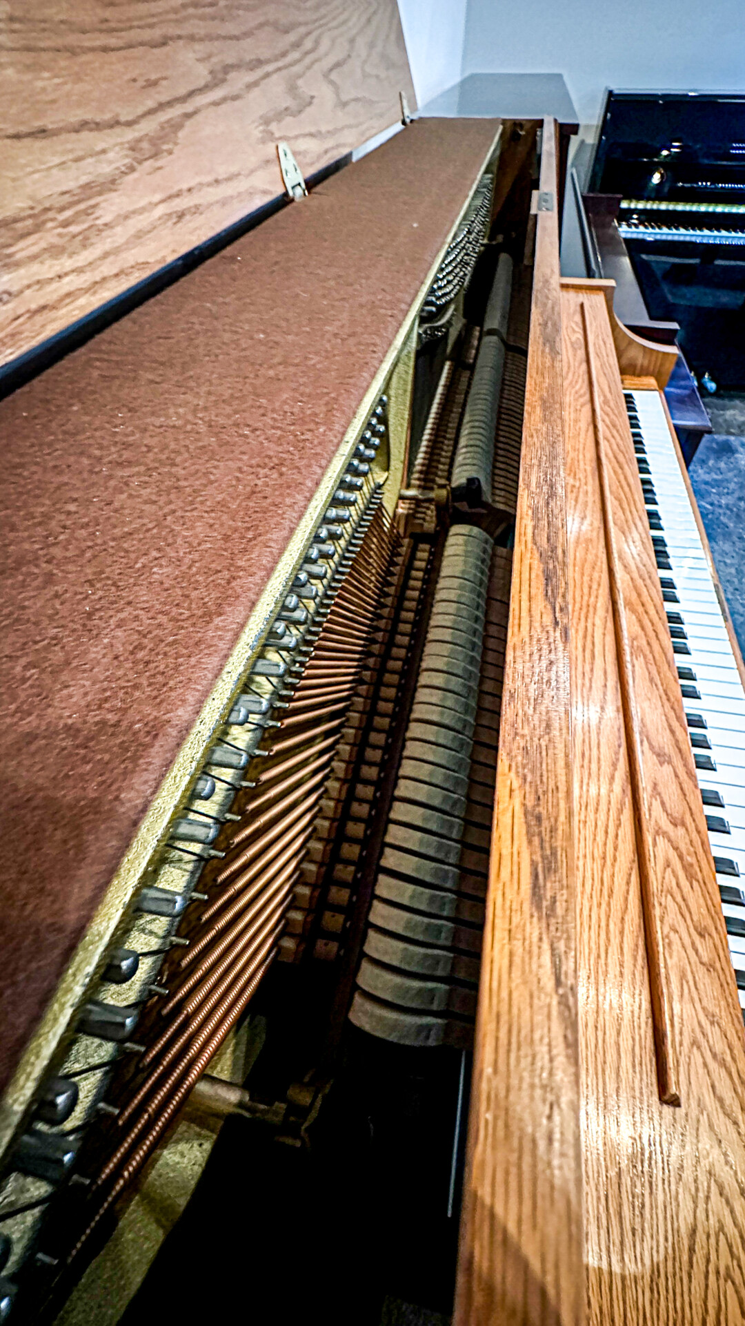 Close-up of the internal mechanics of a Boston UP-118 upright piano, showing tuning pins, hammers, and strings inside the oak cabinet.