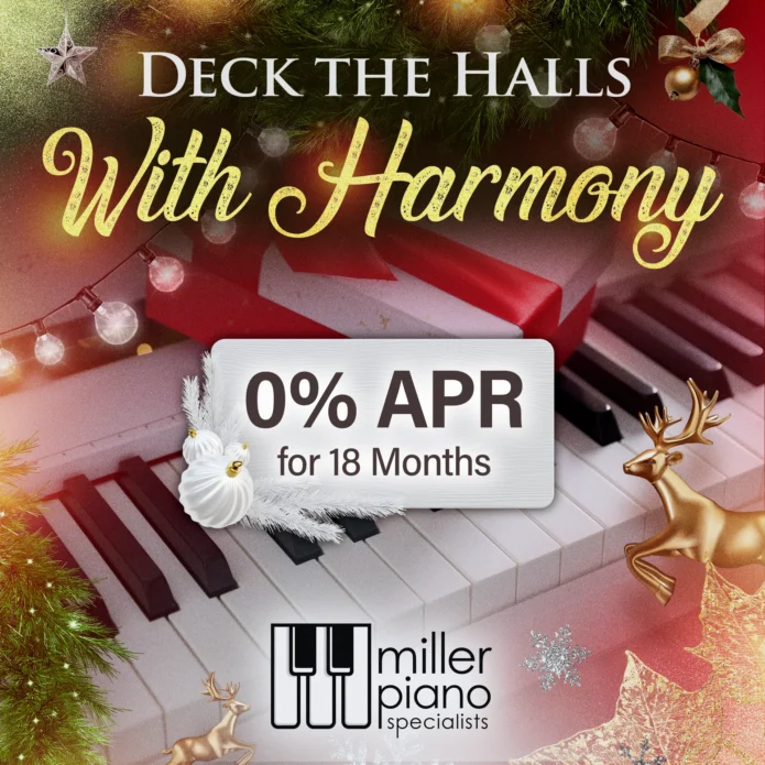Holiday-themed digital piano graphic with a wrapped gift on piano keys, festive décor, and a promotion reading 0% APR for 18 months from Miller Piano Specialists.
