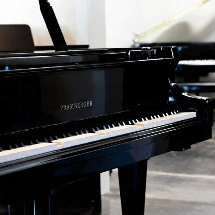 A close-up photograph shows a polished ebony Pramberger grand piano, which is a player piano with the keys currently depressed as it plays by itself.