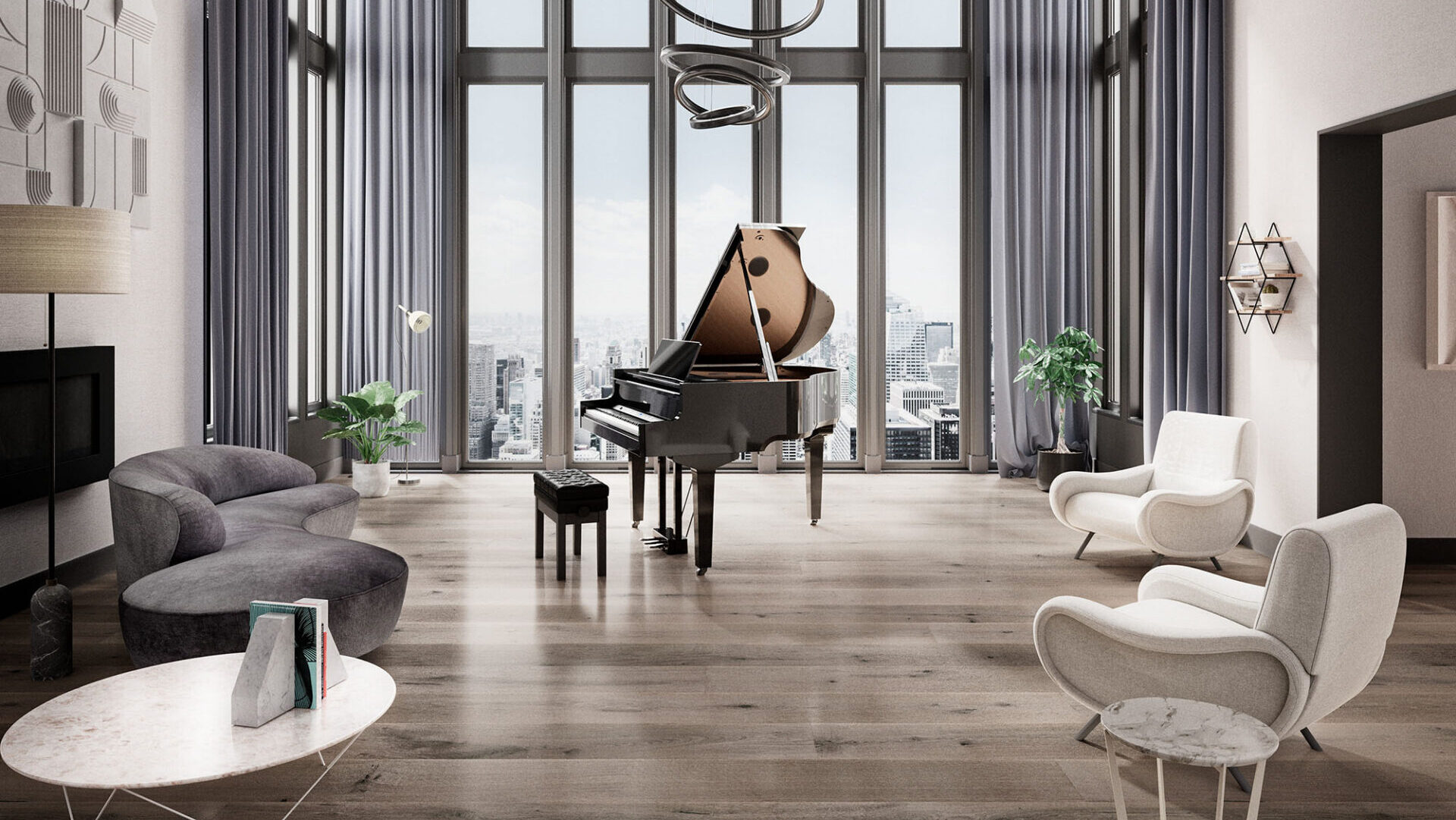 Roland GP-9 digital grand piano in modern high-rise living room with floor-to-ceiling windows