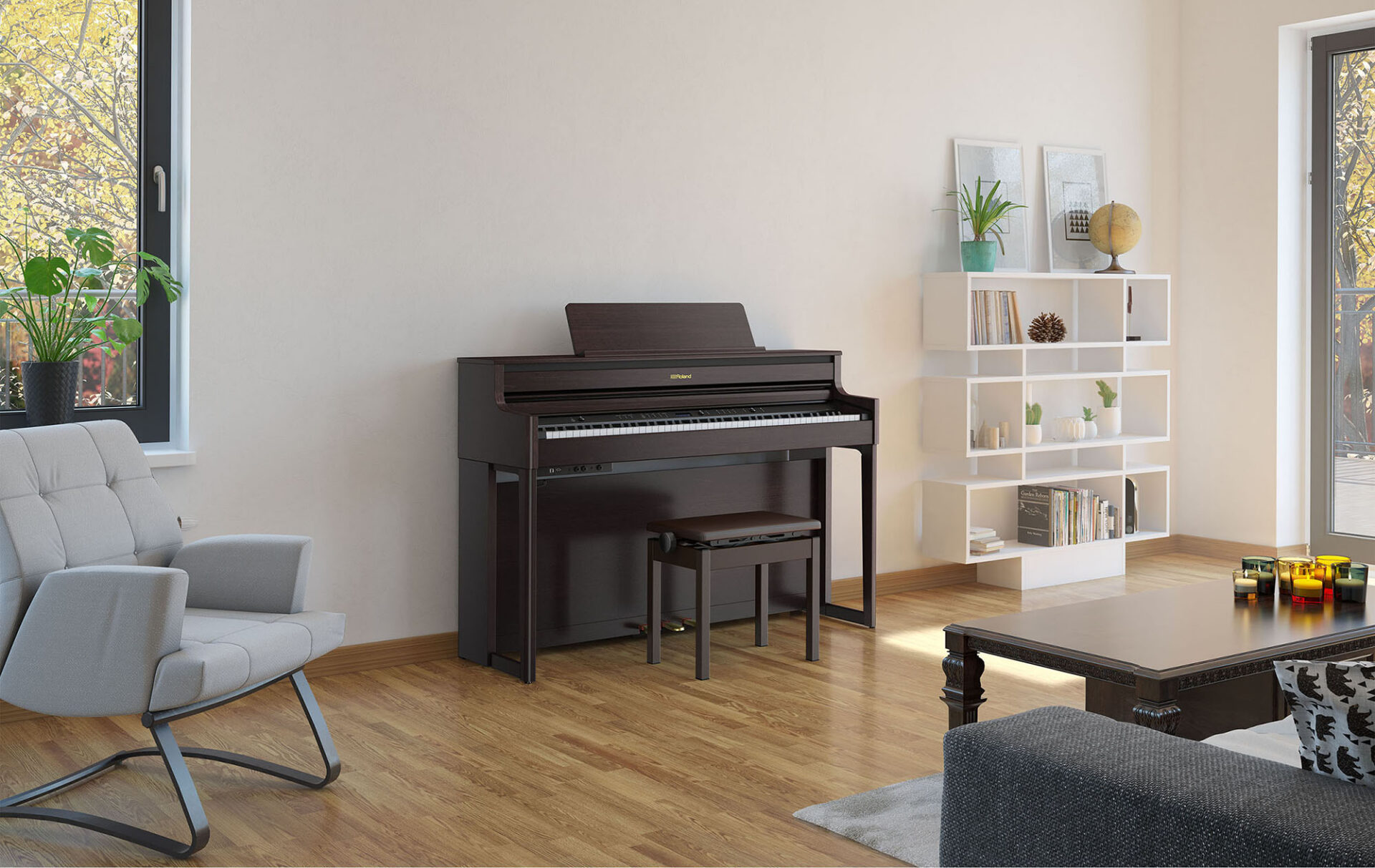 Roland HP704 digital piano in dark rosewood finish in contemporary living room