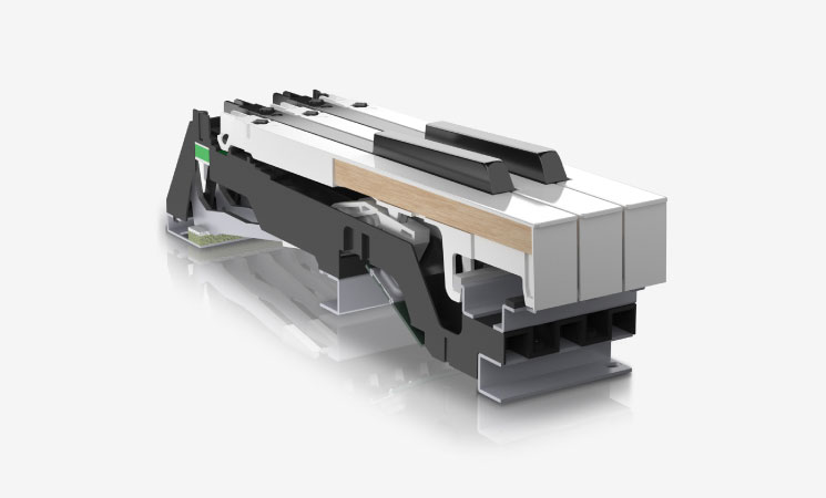 Internal view of Roland Hybrid Grand Action key mechanism used in GP series digital pianos
