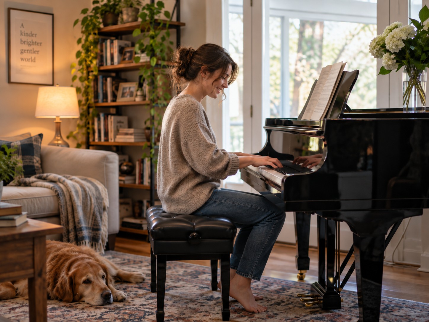 Woman enjoying an acoustic grand piano at home
